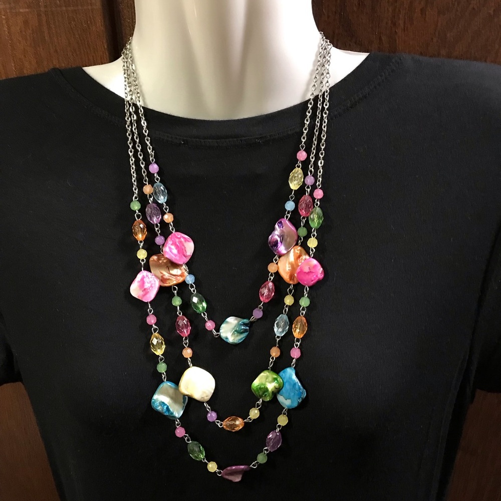 Multicolor Beachy Summer Fun Shell and Acrylic Bead Necklace Silver tone